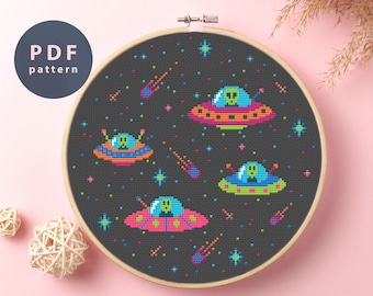 Aliens Cross Stitch Pattern: Colorful UFO Design (Digital Download)
