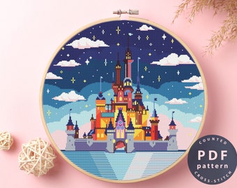 Wzór haftu krzyżykowego „Zamek Kopciuszka”: kreskówkowy wzór do haftu (do pobrania w formacie PDF)