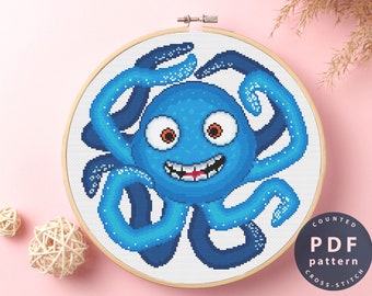 Patrón de punto de cruz de pulpo azul / Bordado para principiantes (Descarga digital)
