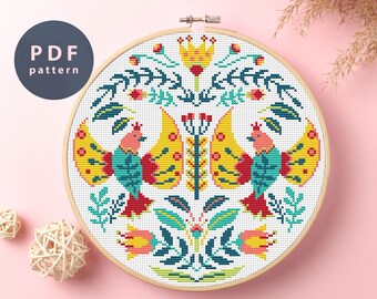 Patrón de punto de cruz "Pájaros danzantes": Arte floral popular (Descarga digital)