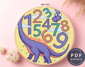 Dino Numbers Cross Stitch Pattern: Beginner Needlepoint (Digital Download)