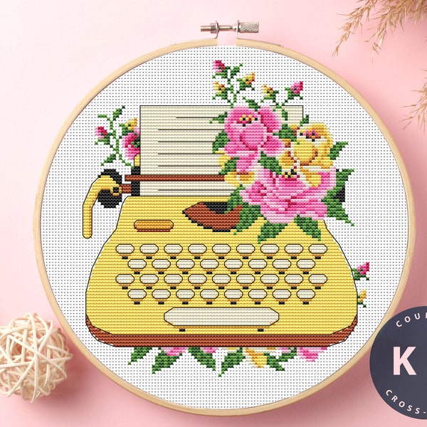 Typewriter Cross Stitch Kit |Cross Stitch Cozy | Floral Cross Stitch, Modern Embroidery | Cute Cross Stitch