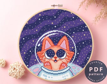 Patrón de punto de cruz de "Gato Astronauta": Diseño espacial para principiantes (descarga digital)