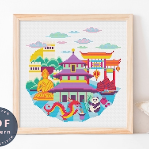 May include: A colorful cross-stitch pattern featuring a pagoda, a dragon, a panda, and a Buddha statue. The pattern is surrounded by clouds and a blue water design.