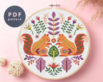 Squirrels Cross Stitch Pattern: Folk Art Embroidery (PDF Pattern)