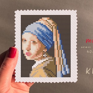 Kit punto croce Johannes Vermeer Ragazza con un orecchino di perla / Ricamo per principianti / Home Decor Punto croce fai-da-te Contato #KEMX456