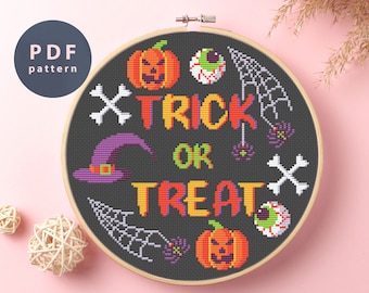 Padrão de ponto cruz para doces ou travessuras: esqueleto de Halloween (padrão em PDF)