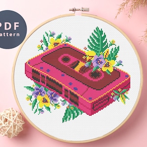 Floral Cassette Cross Stitch Pattern | Digital Download | Music Lover Gift Embroidery | Music Cross Stitch | Tiny Cross Stitch
