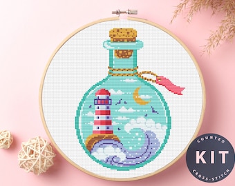 Zestaw do haftu krzyżykowego „Butelka”: Latarnia morska i księżyc – haft DIY