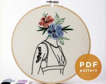 Patrón de bordado de tatuaje floral: Retrato femenino DIY (Patrón PDF)
