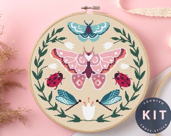 Kit de point de croix compté papillon et coccinelle - Broderie pour débutants