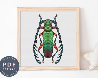May include: A counted cross stitch pattern featuring a green and blue beetle with orange accents. The beetle is framed in a light wood frame.