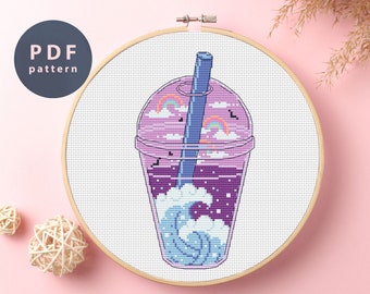 Waves Cup Cross Stitch Pattern | Coffee, Clouds, Rainbow (PDF Pattern)