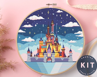 Kit de Ponto Cruz Castelo da Cinderela da Disneylândia, ideal para iniciantes.