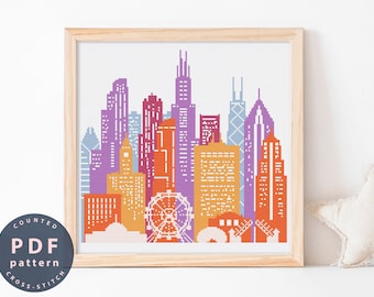 Wzór haftu krzyżykowego „Pejzaż Chicago”: Nowoczesny haft DIY (wzór PDF)