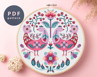 Patrón de punto de cruz "Pájaros en flores": bordado cottagecore (patrón PDF)