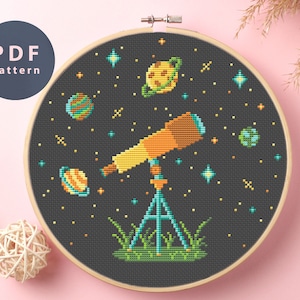 Telescope Cross Stitch Pattern | Solar System | Space Rocket | Cosmic Art | Galaxy Pattern | Moon And Stars Modern Cross Stitch