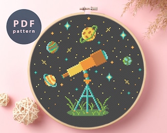 Telescope Cross Stitch Pattern: Solar System Cosmic Art (PDF Pattern)