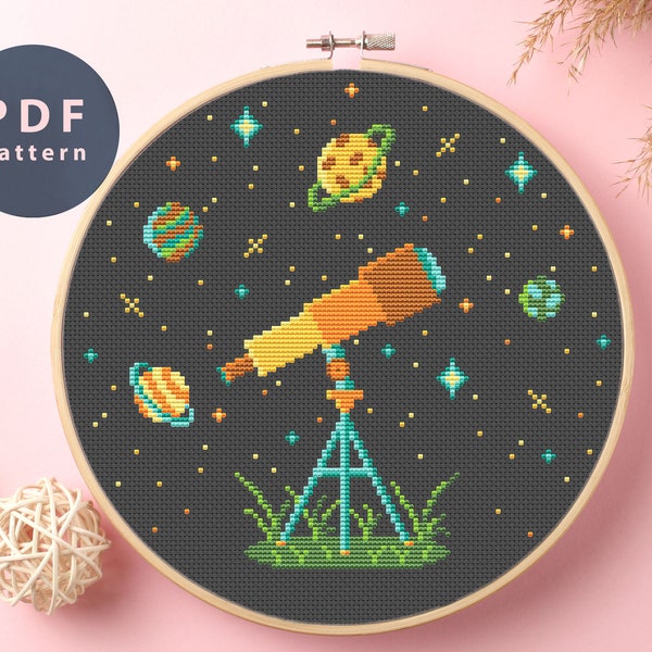 Telescope Cross Stitch Pattern | Solar System | Space Rocket | Cosmic Art | Galaxy Pattern | Moon And Stars Modern Cross Stitch