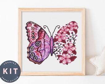 Kit de punto de cruz contado de mariposa: Diseño floral moderno