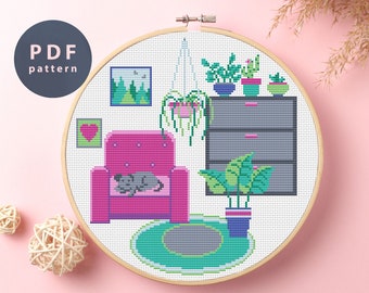 Rośliny we wnętrzu – wzór haftu krzyżykowego: nowoczesny wystrój domu (wzór PDF)