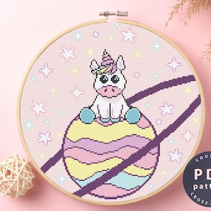 Unicorn In Space Cross Stitch Pattern Beginner | Cross Stitch | Instant Download Digital Chart | Stitch Design | Needlepoint | #EMX290