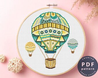 Patrón de punto de cruz de globo aerostático: Arte de mandala (patrón PDF)