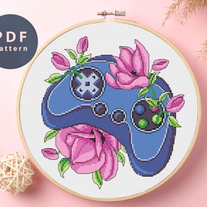 Gamepad Floral Cross Stitch Pattern: Simple DIY Embroidery (PDF Pattern)