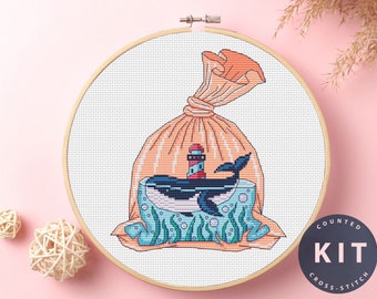 Zestaw do haftu krzyżykowego „Wieloryb w opakowaniu”: DIY na ratowanie oceanu