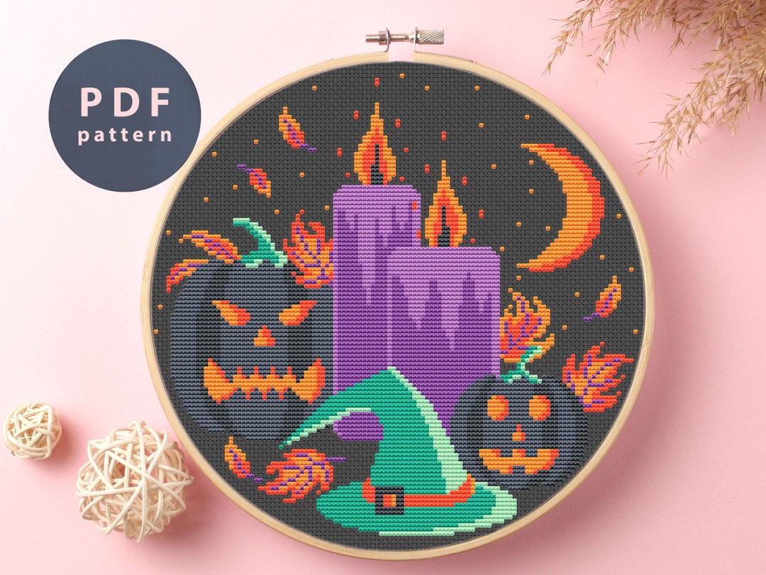 Halloween Candles Cross Stitch Pattern: Pumpkin & Witch (PDF Pattern ...