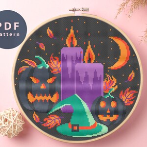 Kruissteekpatroon Kaarsen, Halloween-pompoendecoratiesets, Heksenkruissteekpatroon, Pompoenkruissteek