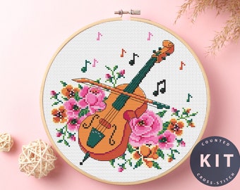 Kit de punto de cruz para violín: Arte DIY con música floral