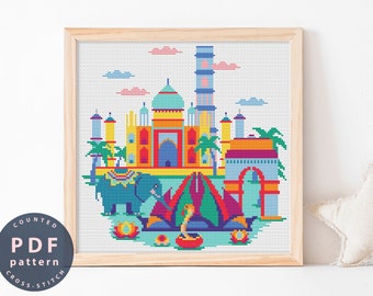 Patrón de punto de cruz de la India: bordado DIY de ciudad moderna (patrón PDF)
