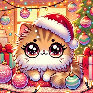Lot de 5 chats de Noël Kawaii, 5 races de chats numériques, fichiers PNG | Impressions sur boîte de conserve, chat persan, chat maine coon, chat siamois, chat ragdoll, chat bengal