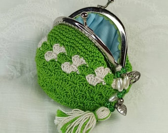 Sac à main en crochet fait à la main avec embout buccal, porte-monnaie pour femme, portefeuille femme herbe verte et beige