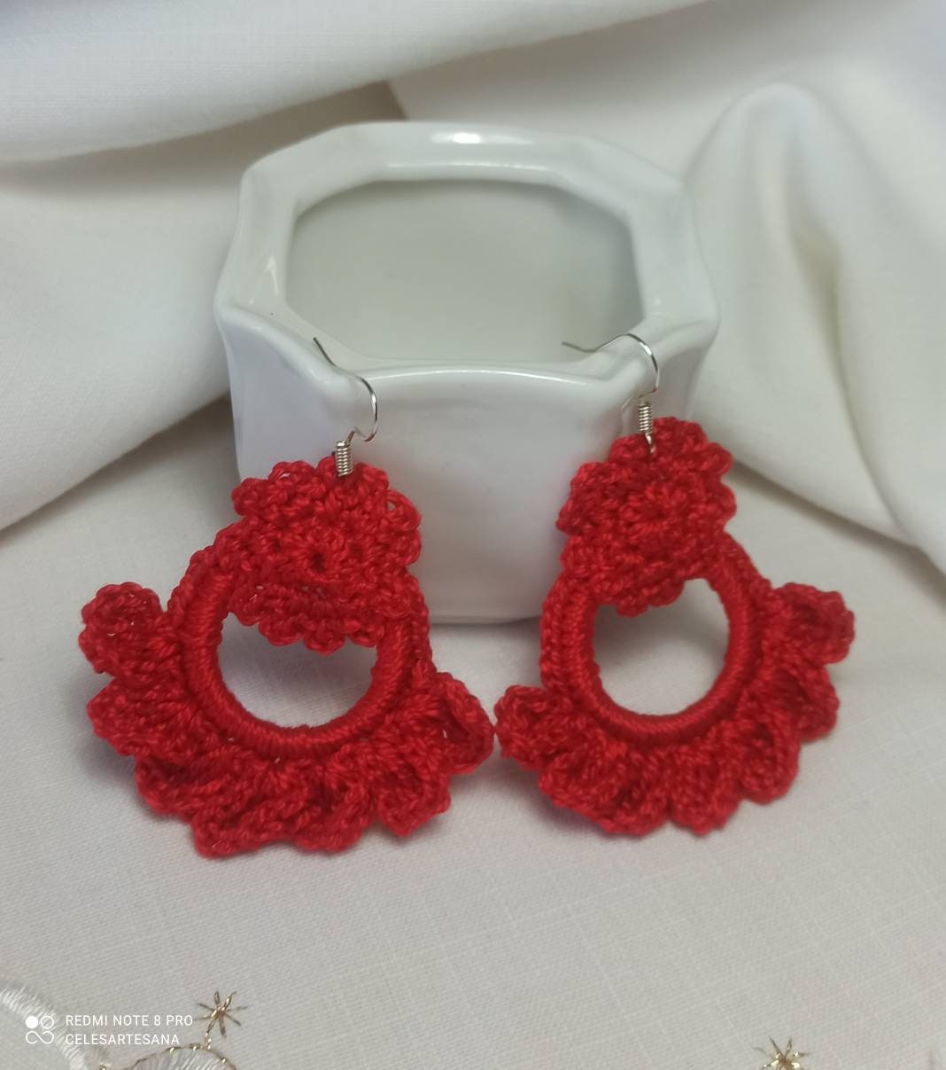 Handmade crochet red hoop earrings, earrings with crochet flowers