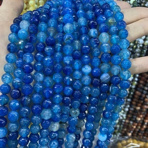 Natural Fire Agate Beads, Blue, Round Faceted  Beads, Loose Beads, Wholesale Round Gemstone 15.5" Full Strand