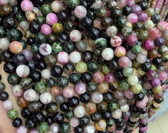 Natural Watermelon Tourmaline Round Beads: Pink & Green Gemstone Strand