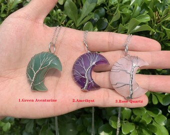 Baum des Lebens Halbmond Anhänger: Silberkette mit Edelstein Wire Wrapped
