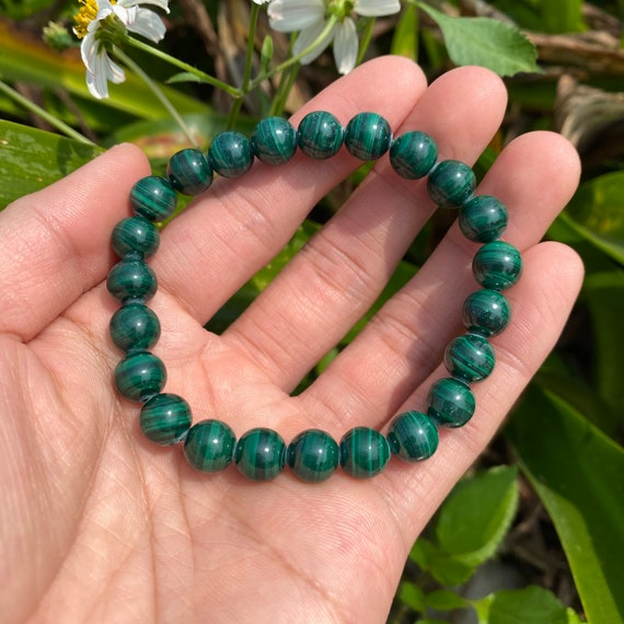 Green Malachite Round Beads Bracelet, Genuine Gemstone Round