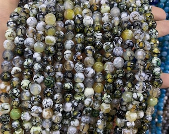 Feuerachat Perlen: grau, grün, runder Edelsteinstrang (40cm)