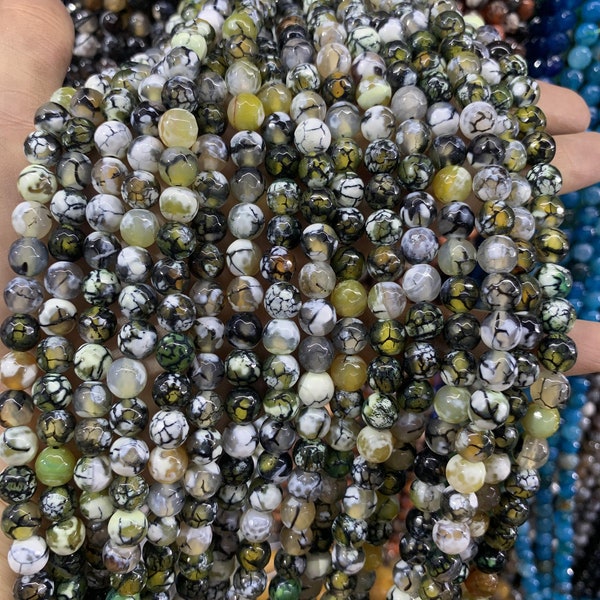 Natural Fire Agate Beads, Gray, green,  Round Faceted Beads, Loose Beads, Wholesale Round Gemstone 15.5" Full Strand