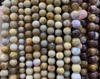 Genuine Coral Jade,  Ntural Chrysanthemum Stone beads, Loose Round Smooth, Healing Coral Fossil Jasper,  mixed Color Beads