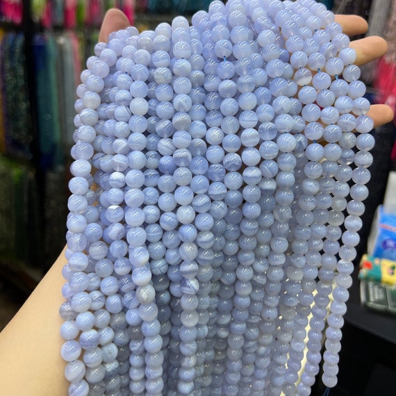 100 Perline Agata Naturale Blu Rigate 8 Mm Con Cordino Elastico 10 M - Per Bracciali E Collane Fai Da Te, Pietre Dure