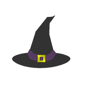 May include: A black witch's hat with a purple band and a gold buckle. The hat is pointed and has a wide brim.
