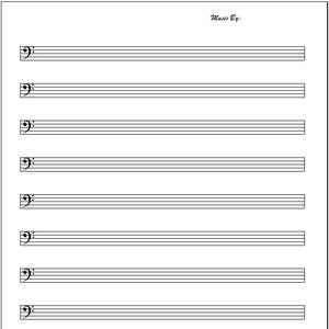 May include: A blank sheet of music paper with ten staves, each with five horizontal lines and a bass clef symbol at the beginning. The words "Music By:" are written at the top. The paper is white.