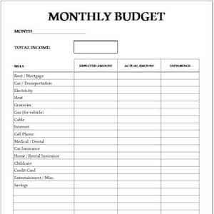 May include: A black and white monthly budget template with the title "MONTHLY BUDGET" at the top. The template includes sections for income, bills, expected and actual amounts, and a difference column. Categories include rent, groceries, and savings.