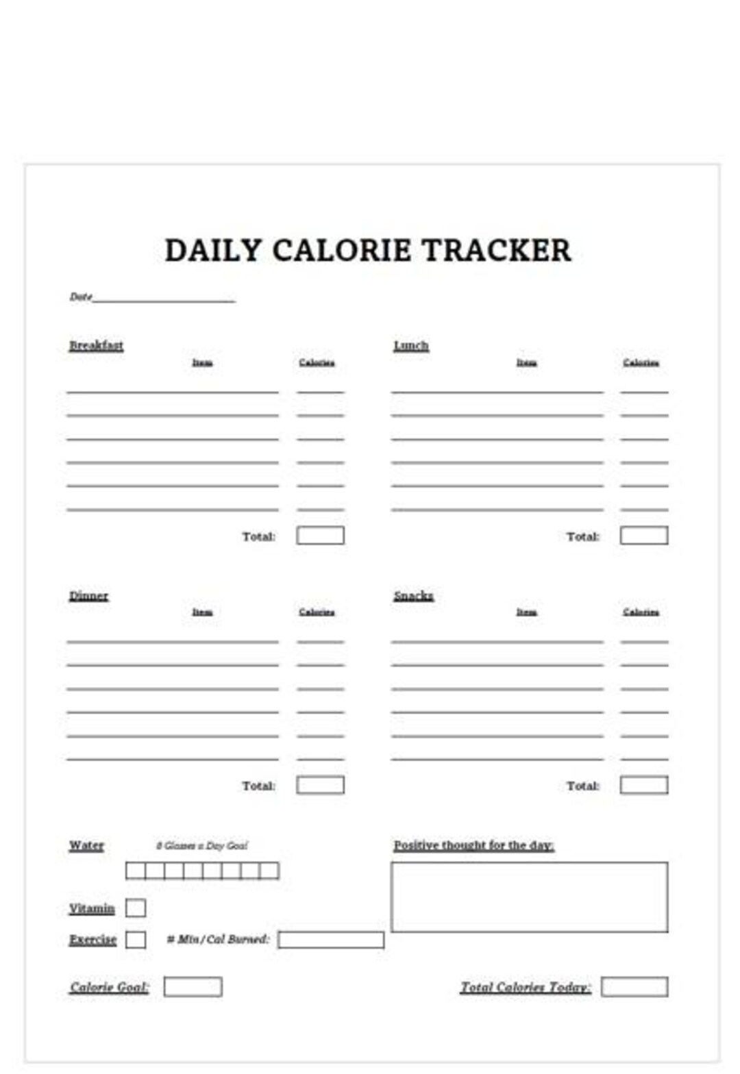 Daily Calorie Tracker - Calorie Log - Printable Chart , PDF File - Etsy