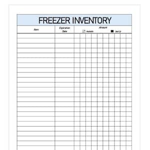 May include: A white paper titled "FREEZER INVENTORY" with a light blue header. The document has columns for item, expiration date, availability, and amount. It is designed for tracking freezer contents.