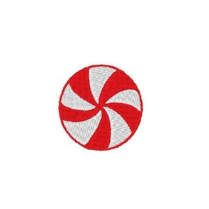 May include: A red and white peppermint candy with a swirl design.